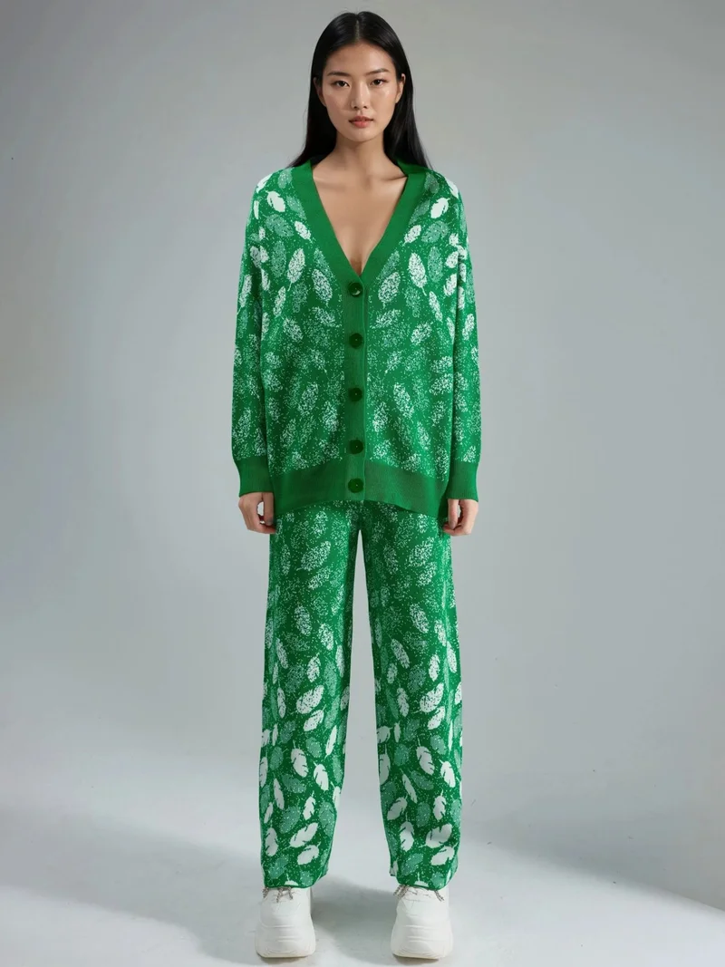 MY FASHION Green MY FASHION V-Neck Jacquard Knit Cardigan and Wide Leg Pants Set for Women | Best Price UAE